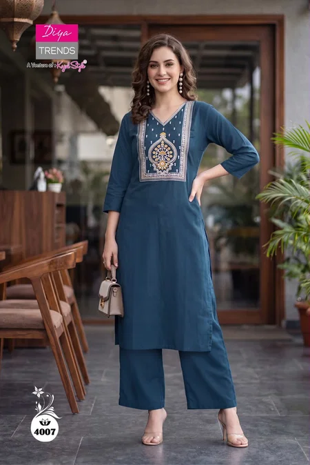 Teal Blue Colour Diya Trends Dhabu Cotton Kurtis With Bottom 4007 